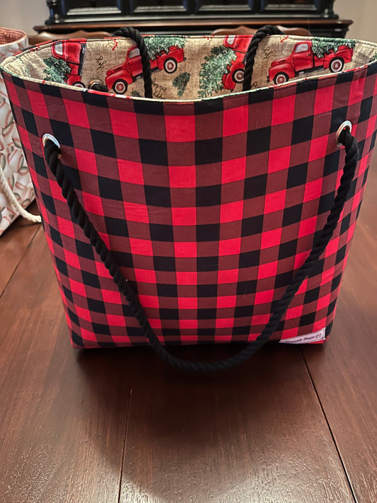 Red Gingham Christmas Tree and Car Large Tote bag